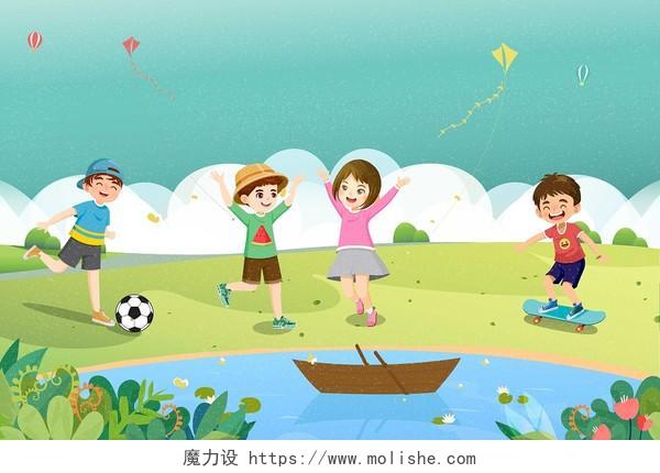 卡通夏天儿童暑假玩耍活动插画背景素材处暑插画